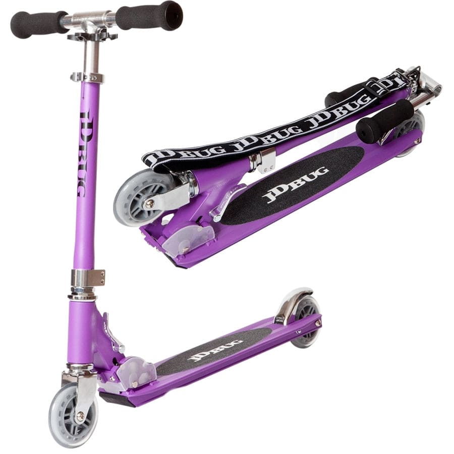 A collage shows the JD Bug Original Street MS130B Foldable Kick Scooter in matt purple, both upright and folded. It has black handlebars, clear wheels, a black deck with "JD Bug," and a convenient carrying strap.