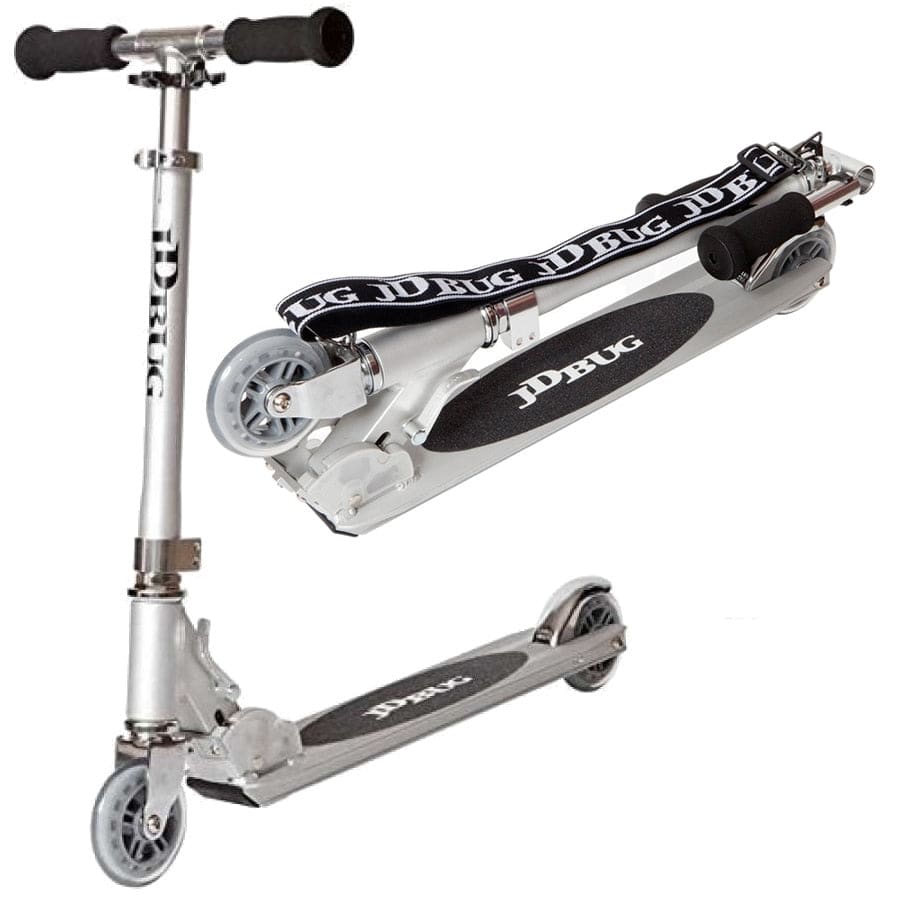 The JD Bug Original Street MS130B Foldable Kick Scooter in Matt Silver features black foam handles and a non-slip footboard. It offers two forms: folded with a carry strap for easy transport and unfolded, ready for use.