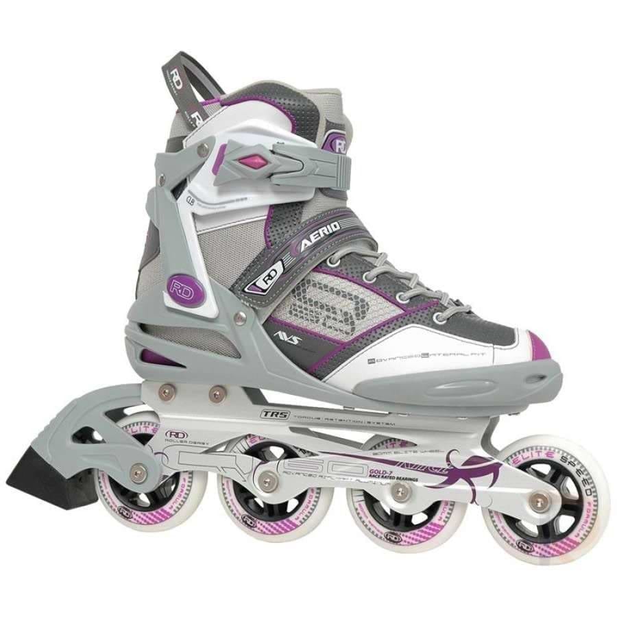 The Roller Derby Aerio Q-60 Inline Skates, in a stylish white design with purple accents, are ideal for roller derby enthusiasts. They include four wheels, a secure lacing system, a sturdy frame, and an adjustable strap for enhanced support and comfort.