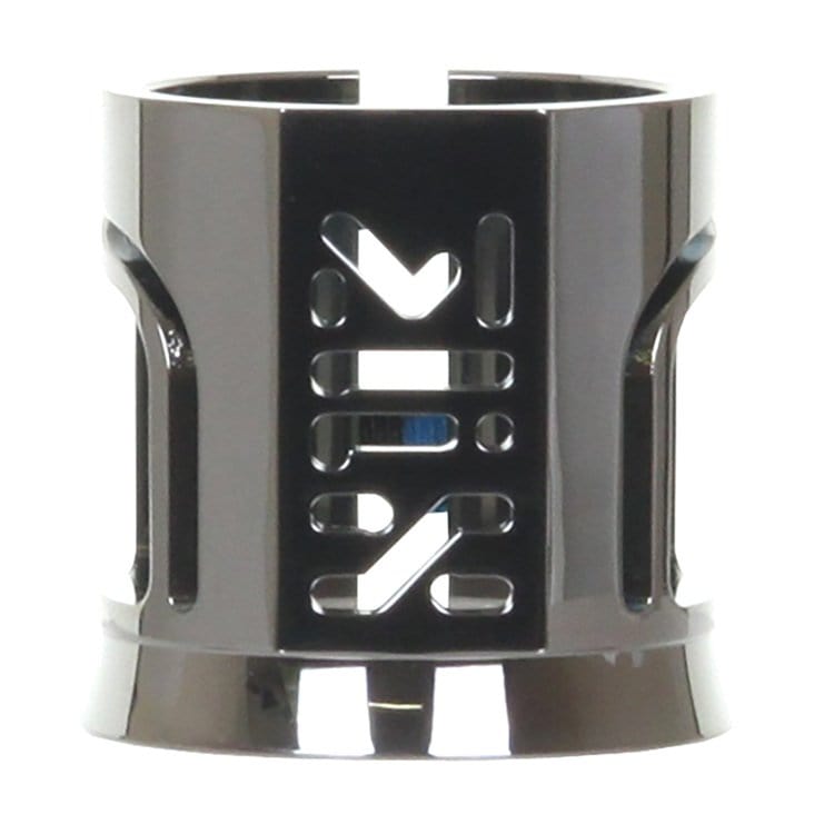 The Madd Gear MGP MFX X2 Cobra 2 Bolt Oversized Stunt Scooter Clamp in Chrome, crafted from T6 aluminium alloy with cut-out geometric designs and vertical grooves, stands upright against a white background.