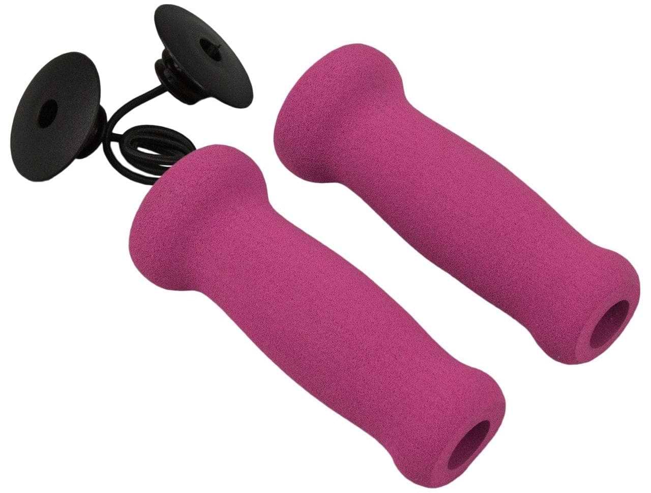 The JD Bug Original Street Foam Scooter Grips in pink, compatible with all scooters including the JD Bug scooter, feature black plastic end plugs linked together. These cylindrical grips boast ergonomic contouring for enhanced comfort and style.