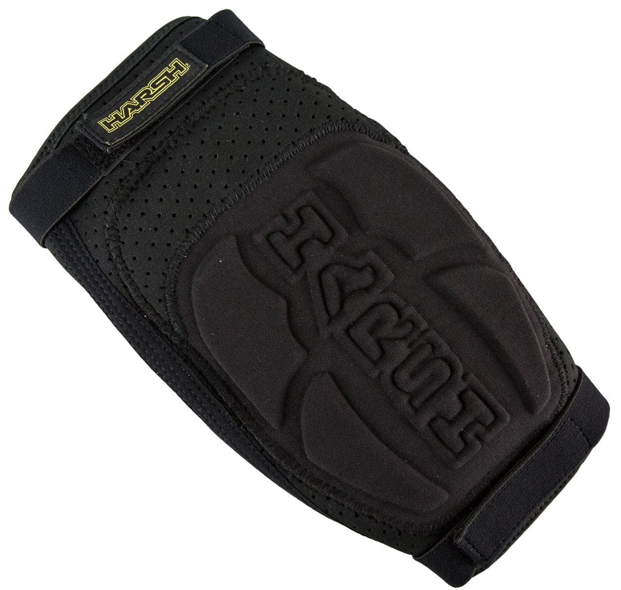 The Harsh Pro FlexFit Knee Gasket Skate Protection Pad in black is designed with multi-point padding and FlexFit technology to provide optimal comfort. Its perforated material enhances ventilation, while the adjustable Velcro strap displays "Harsh" in yellow lettering, making it ideal for those seeking reliable protection.