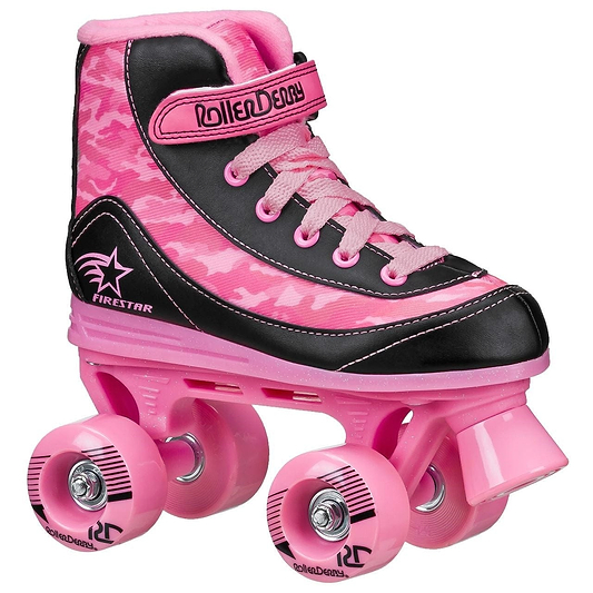 The Roller Derby Firestar V2 Quad Roller Skates in Pink Camo feature a striking camouflage pattern on the upper, coupled with four durable polyurethane wheels. They come with pink laces and have branding on the side, combining style with practicality.