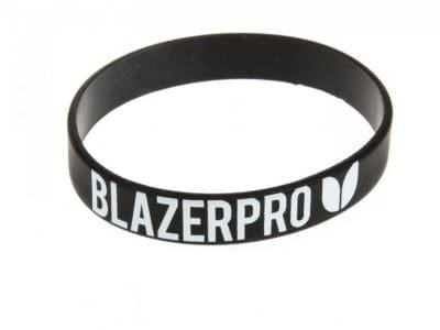 Black Blazer Pro Wristband displaying the brand's logo and a small white leaf design, ideal for scooter enthusiasts.