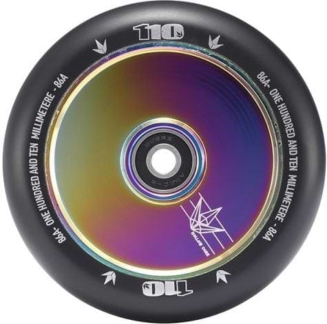 Introducing the Blunt Envy 110mm Hollow Core Stunt Scooter Wheel in Oil Slick Neochrome, featuring the brand's iconic shiny, rainbow-reflective hub. It includes a black rubber outer layer with white text that reads "ONE HUNDRED AND TEN MILLIMETER" and "110", ensuring top-tier performance through its Hollowcore Wheels design, accentuated by a star graphic on the reflective surface.