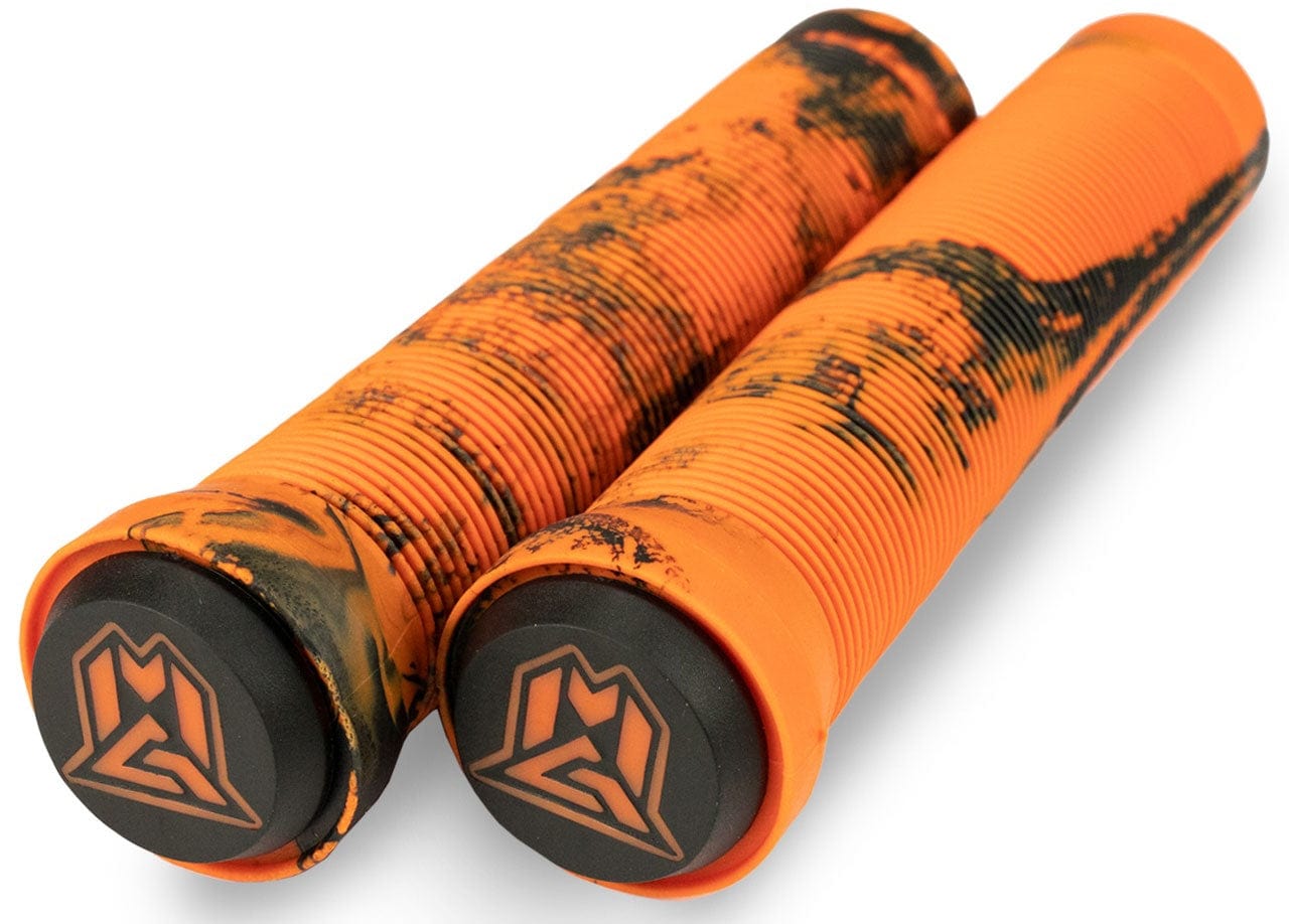 The Madd Gear MGP Swirls Grind Orange / Black Stunt Scooter Grips, measuring 150mm, are distinguished by their orange and black textured design with end caps featuring a stylized "M" logo. These grips boast a ribbed pattern that enhances grip and comfort, making them popular among pro riders.