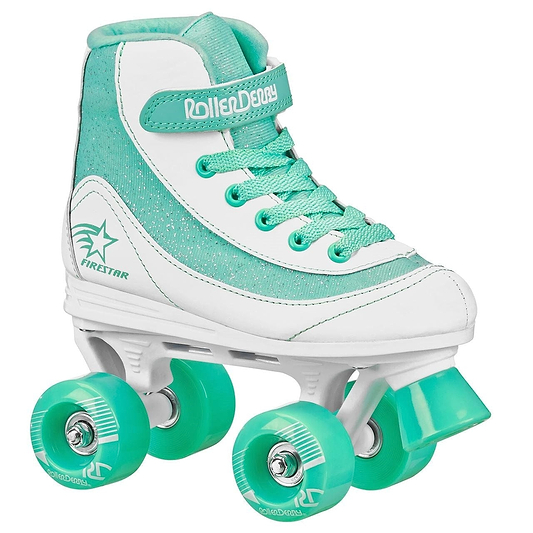 A Roller Derby Firestar V2 Quad Roller Skate with a high-top design in white and teal, featuring a lace-up front. It includes four teal polyurethane skate wheels, a green toe stop, and the "Roller Derby" brand name on the ankle strap. The skate also showcases a star logo on its side.