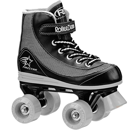 The Roller Derby Firestar V2 Quad Roller Skates in black and grey boast a high-top sports shoe design with sleek white laces. Featuring four wheels, they are adorned with a star graphic and proudly display the text "Roller Derby" and "Firestar" on the side.