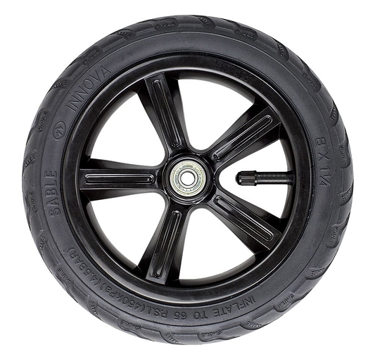 A side view of the Frenzy 230mm Pneumatic Replacement Scooter Wheel - Black reveals a sleek five-spoke alloy design, featuring branding and specifications. The black rubber tire includes a visible valve stem, embodying a modern and functional look perfect for Frenzy scooters.