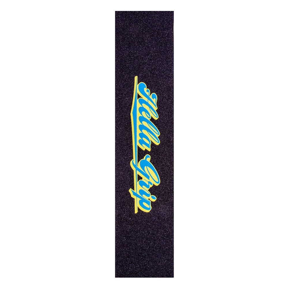 The Hella Grip Classic Stunt Scooter Griptape in blue is created with silicone carbide, features a weatherproof adhesive, and displays a yellow and blue "Hella Grip" script logo at the center.