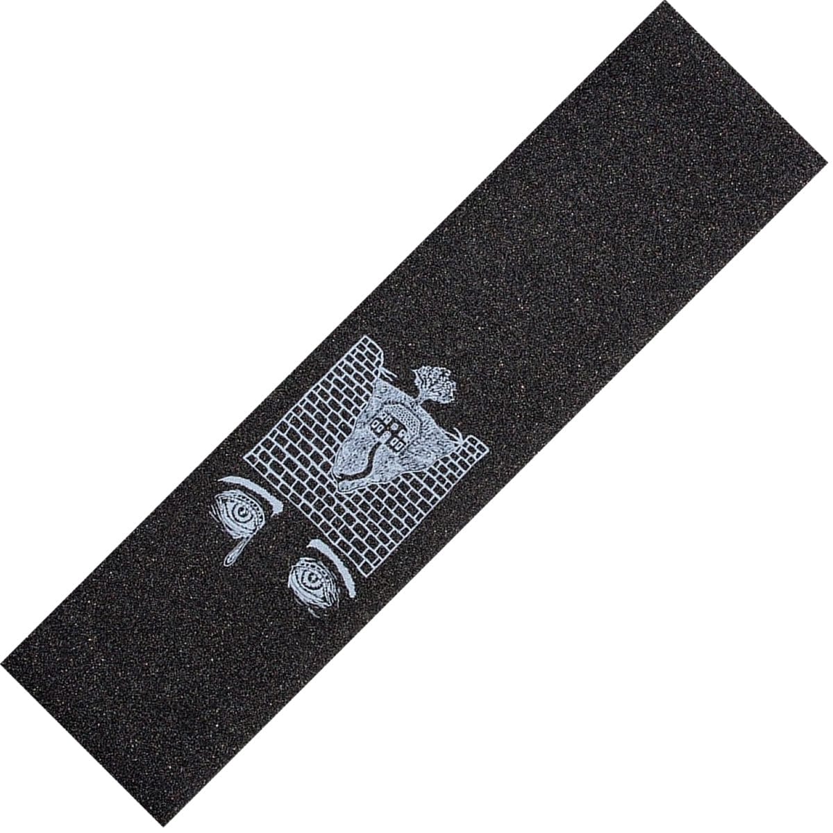 The Hella Grip The Passage Stunt Scooter Griptape - Matt McKeen Signature showcases Hella Grip's iconic design, featuring a cartoon figure behind prison bars with raised fists and two large eyes peering from the black silicone carbide grit surface, adding a dramatic flair.