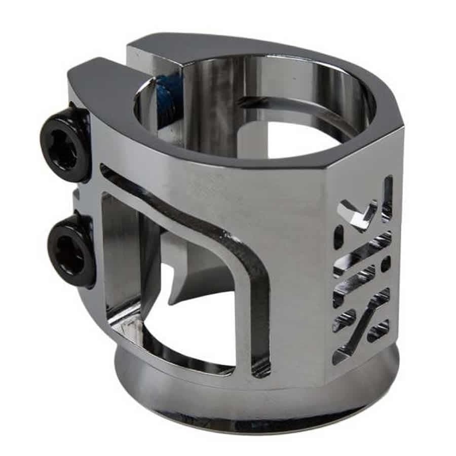 Presenting the Madd Gear (MGP) MFX X2 Cobra 2 Bolt Oversized Stunt Scooter Clamp in Chrome, this modern and shiny piece is expertly crafted from T6 aluminium alloy. Its standout features include a geometric cutout design and two sleek titanium axle bolts, all culminating in an angular and reflective finish.