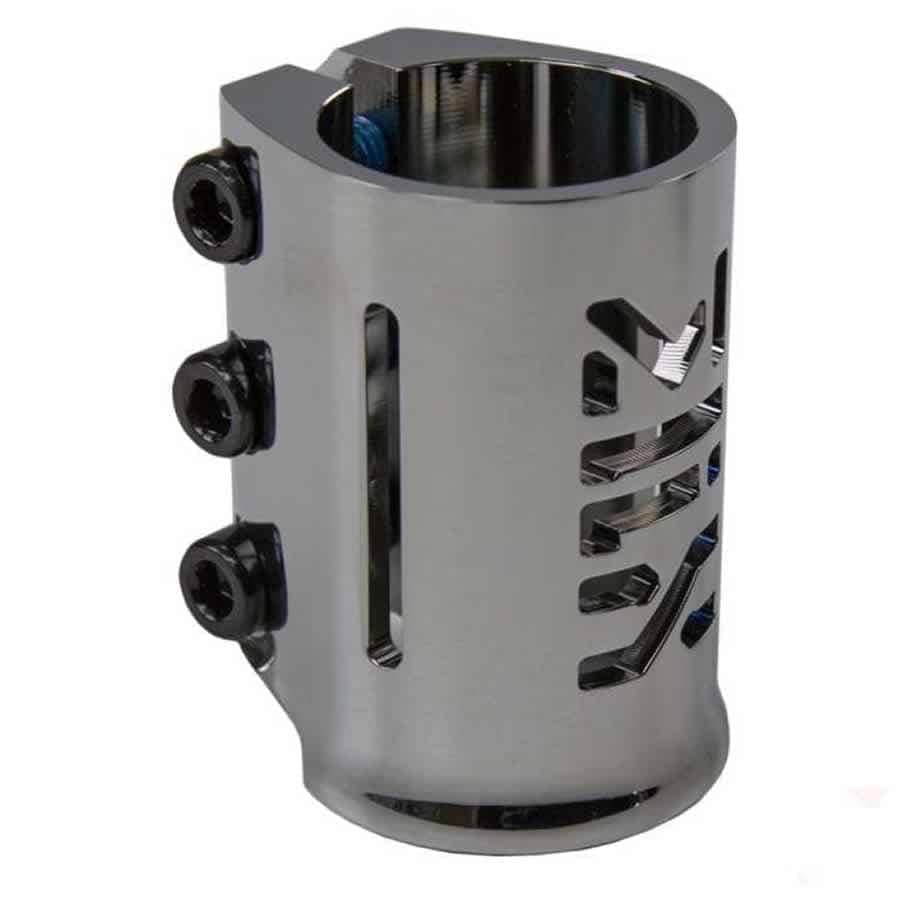 The Madd Gear (MGP) MGP MFX X3 Cobra 3 Bolt Oversized Stunt Scooter Clamp in Chrome features a sleek, anodized finish with three bolts stylishly placed on the left side. Its design incorporates vertical slits and a unique logo cutout on the front, offering both style and functionality for dedicated scooter enthusiasts.