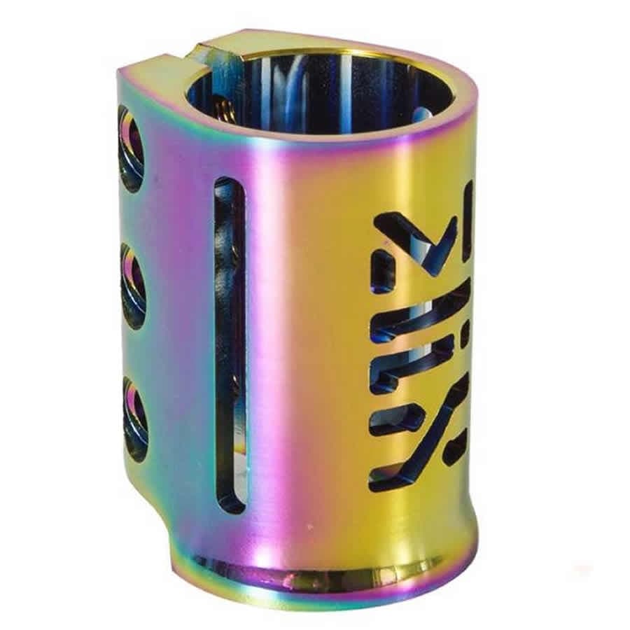 The Madd Gear MGP MFX X3 Cobra 3 Bolt Oversized Stunt Scooter Clamp in Neochrome features a vibrant and anodized finish, highlighting intricate cut-out designs along with three circular holes for securing bolts in its triple bolt design.