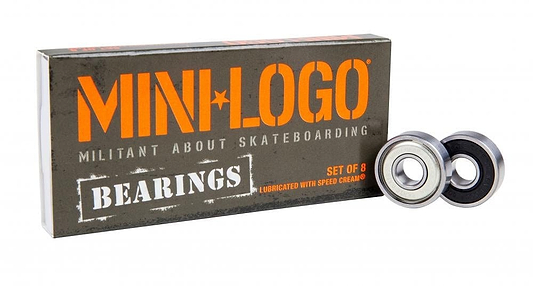 A package labeled "Mini Logo Precision Skateboard Bearings - 8 Pack" with the tagline "Militant About Skateboarding" is positioned beside two skateboard bearings, highlighting precision 608 bearings. The box includes the details "Lubricated with Speed Cream™.