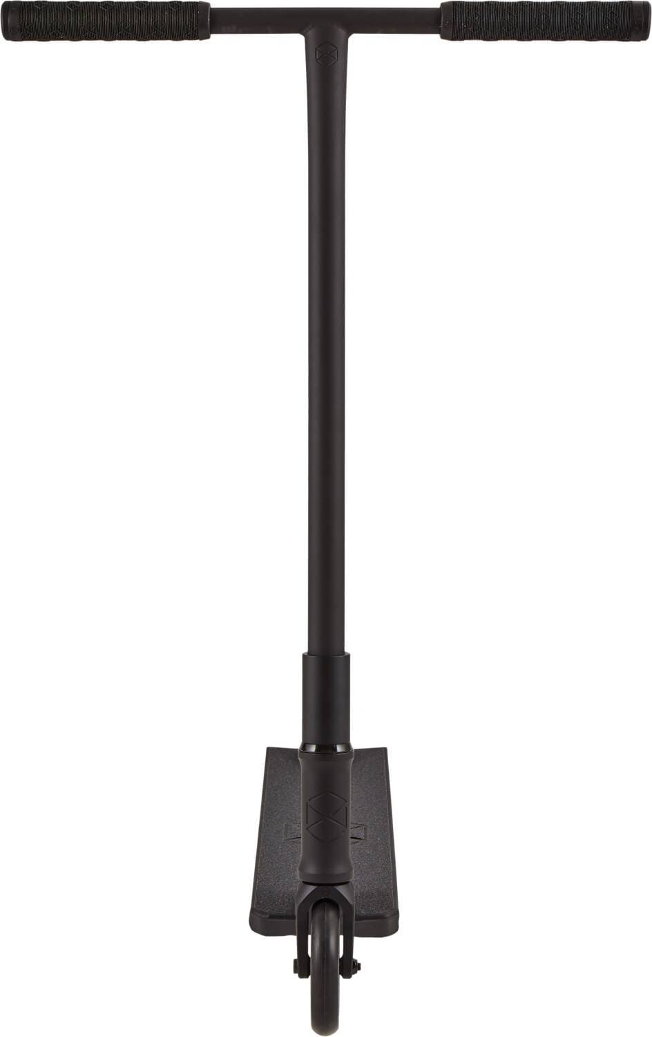 Front view of the Native Stem 495mm S Complete Stunt Scooter in black, featuring a T-shaped handlebar, rubber grips, and visible front wheel—ideal for beginners.