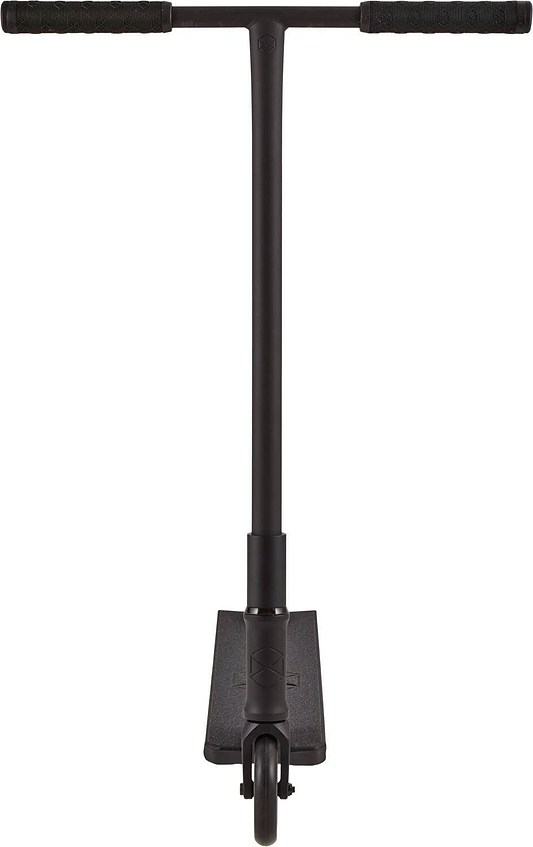 Front view of the Native Stem 495mm S Complete Stunt Scooter in black, featuring a T-shaped handlebar, rubber grips, and visible front wheel—ideal for beginners.