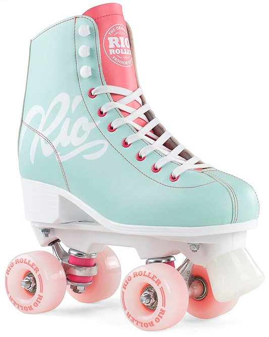 The Rio Roller Script Quad Roller Skates in Teal and Coral are designed with mint green PVC leather, featuring pink accents. They come with white laces, pink wheels embellished with the "Rio Roller" text, and have a white heel and toe stop for added style.
