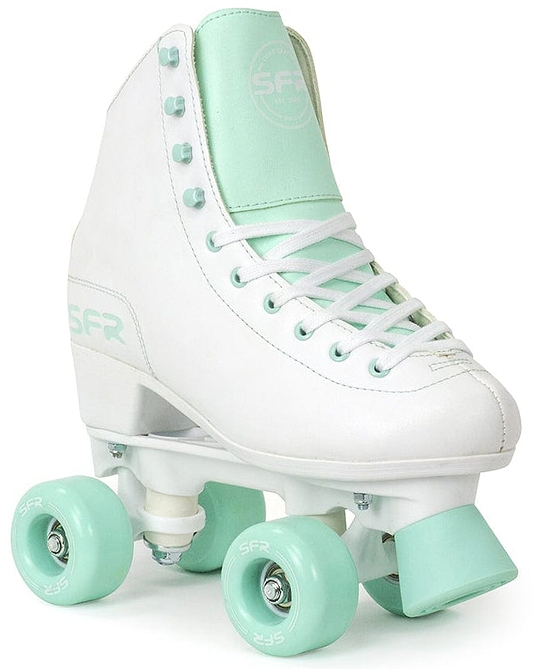 Introducing the SFR Figure Quad Roller Skates - White / Green, featuring a sleek white design with mint green highlights and a high-top style, ideal for beginner skaters. With smooth-finish durable polyurethane wheels and distinctive "SFR" branding near the heel and tongue, these skates embody SFR's quality craftsmanship.