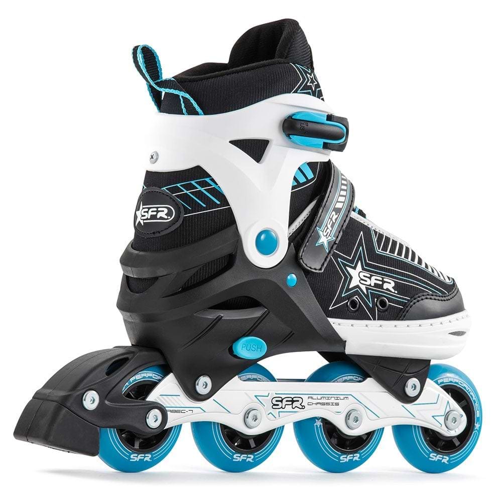 The SFR Pulsar Adjustable Inline Skates - Blue from SFR boast a stylish black and white design highlighted with blue accents and feature four wheels. Ideal for beginner skaters, the skates are adorned with a star pattern and come equipped with straps and buckles to ensure both safety and comfort.