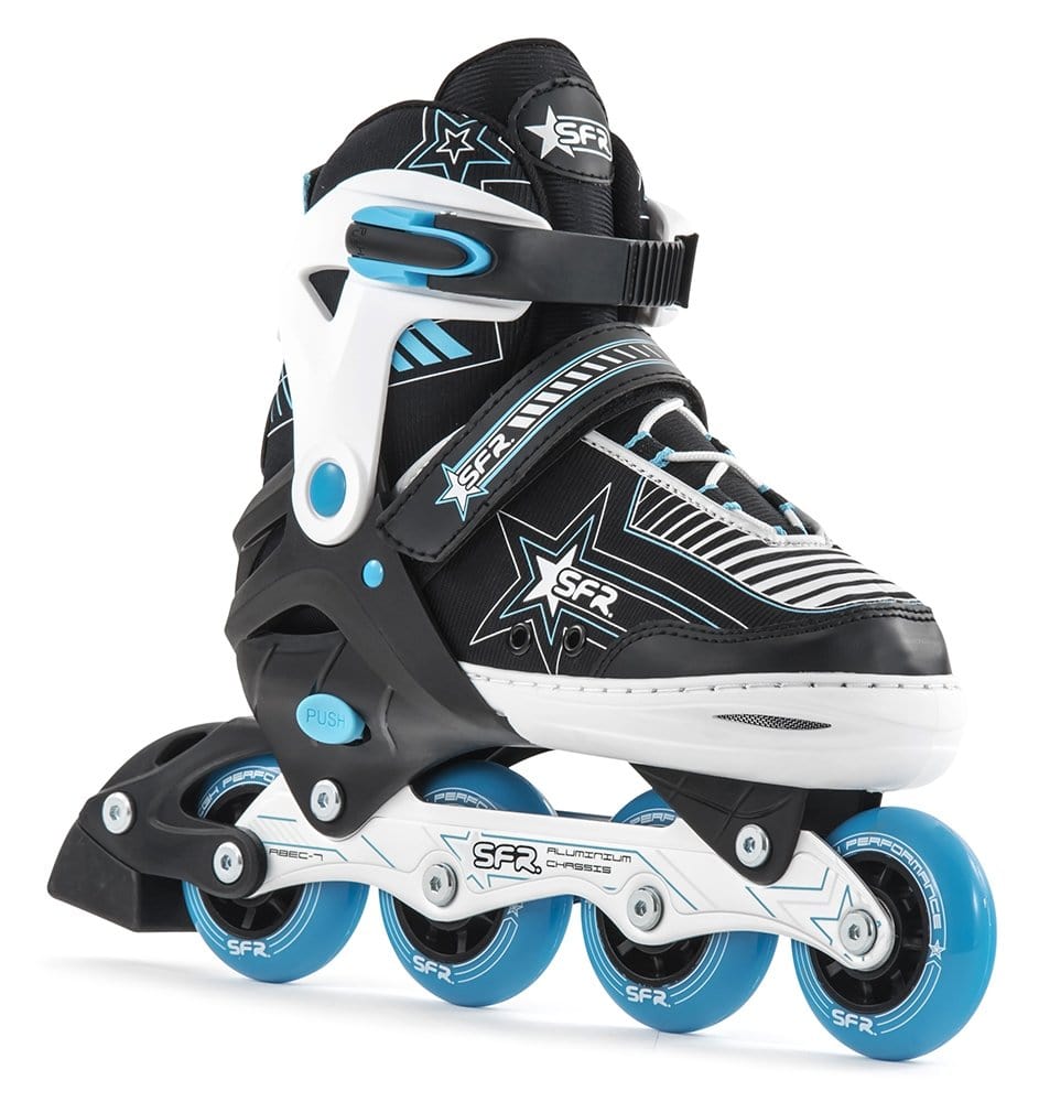The SFR Pulsar Adjustable Inline Skates in black and turquoise offer a sleek, modern design with a star motif, making them ideal for beginner skaters. With the SFR logo prominently displayed, these skates feature four wheels and adjustable straps to ensure both comfort and performance.