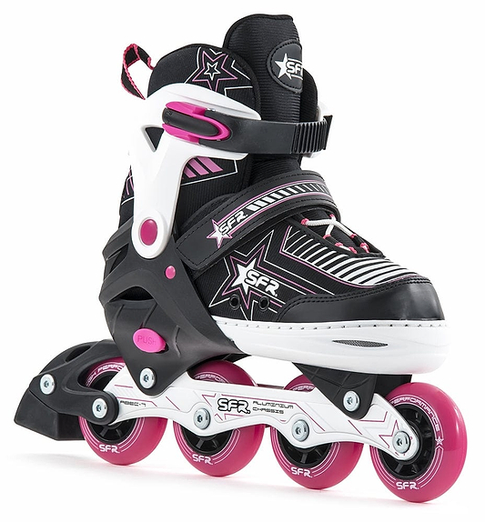 The SFR Pulsar Adjustable Inline Skates - Pink are designed for beginner skaters and feature black and white boots with pink accents, complemented by four pink wheels. The boots have star designs and an adjustable strap system for a secure fit, proudly displaying the SFR brand on both the boot and wheels.