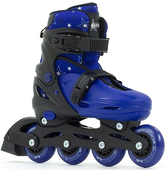 The SFR Plasma Adjustable Inline Skates in black and blue are ideal for beginner skaters, showcasing a four-wheel design. The boot is adorned with star patterns and features adjustable buckles for fastening along with smooth ABEC-5 bearings, ensuring an effortlessly gliding experience.