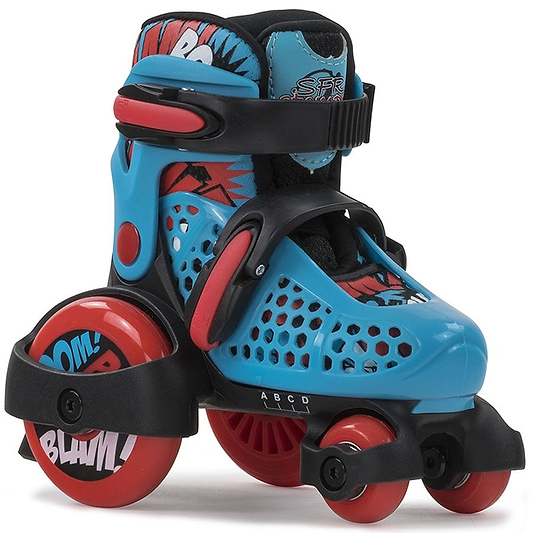 Introducing the SFR Stomper Adjustable Quad Roller Skates in vibrant blue, designed for kids. These skates feature a fun comic book design with words like "BAM!" and "BLAM!" and are equipped with three wheels for added support—two at the back and one in front. Secured by red straps and buckles, these roller skates ensure safety while adjusting to fit your child’s growing feet.