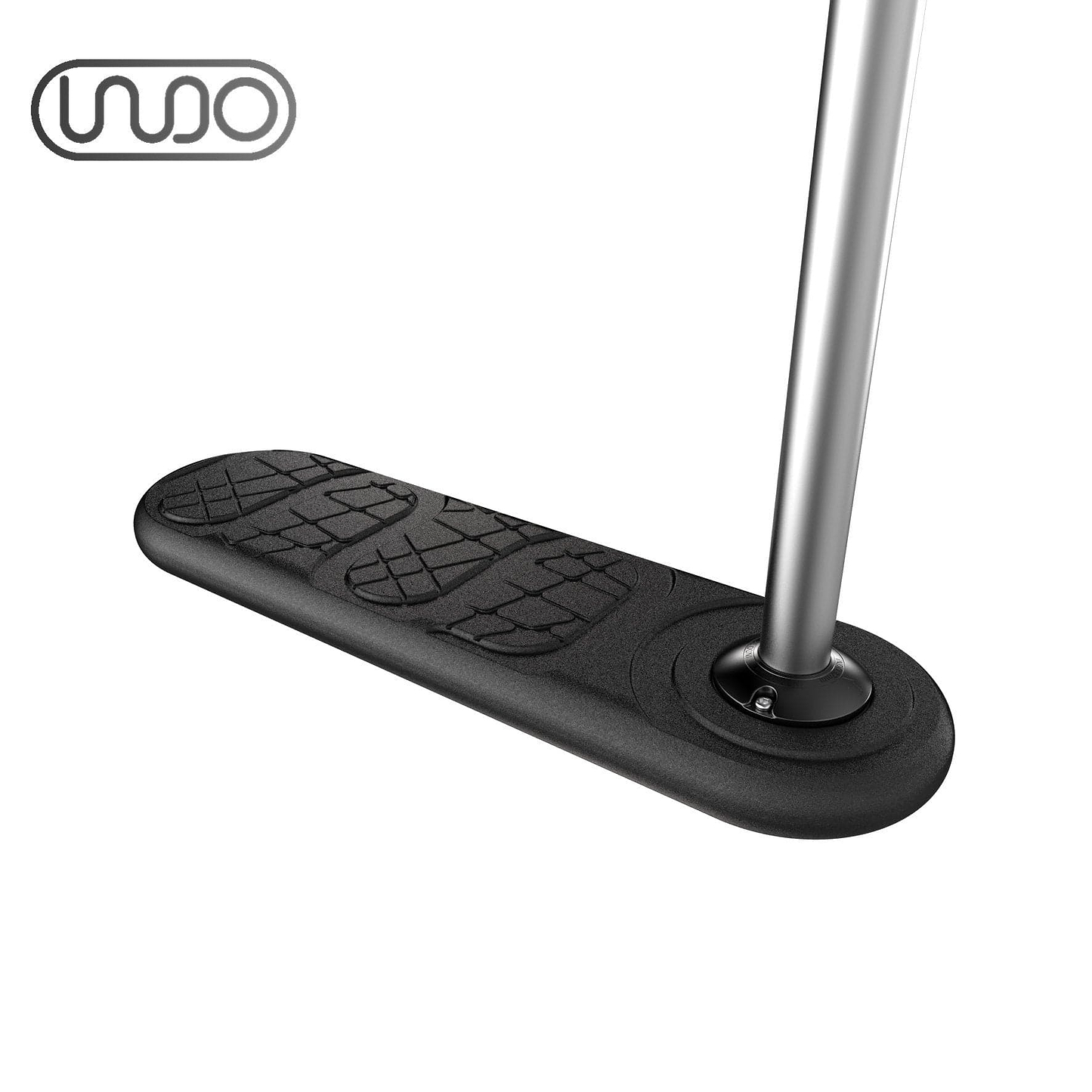 Close-up of the INDO 670mm Indoor Trampoline Stunt Scooter - Black footrest, featuring textured patterns and attached to a metallic pole. The sleek design with a simple logo in the top left corner against a white background makes it perfect for practicing tricks on your trampoline scooter.