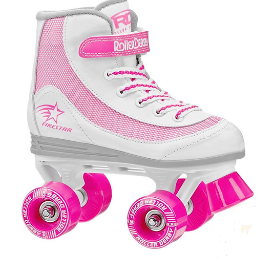 The Roller Derby Firestar V2 Quad Roller Skates in white and pink showcase a trendy design, complete with vibrant pink polyurethane wheels, matching laces, and a secure Velcro strap. The Roller Derby brand logo is prominently featured on both the side and tongue of these striking roller skates.
