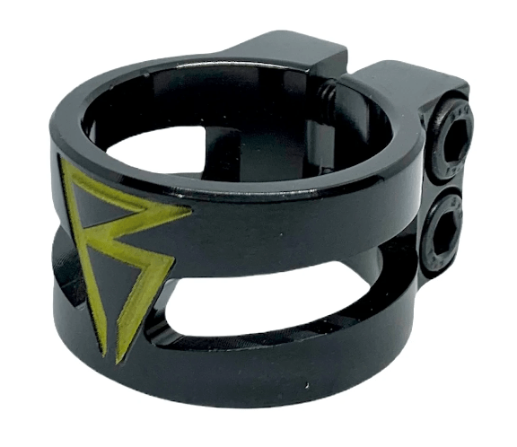 Presenting the Revolution Super Lite 2 Bolt Oversized Stunt Scooter Clamp in black, expertly crafted from durable 6061-T6 aluminum. This sleek, cylindrical clamp features two bolts and a distinctive lime green stylized "R" logo. Its cut-out design allows for precise adjustment and secure fastening, making it perfect for oversized IHC or HIC bars.