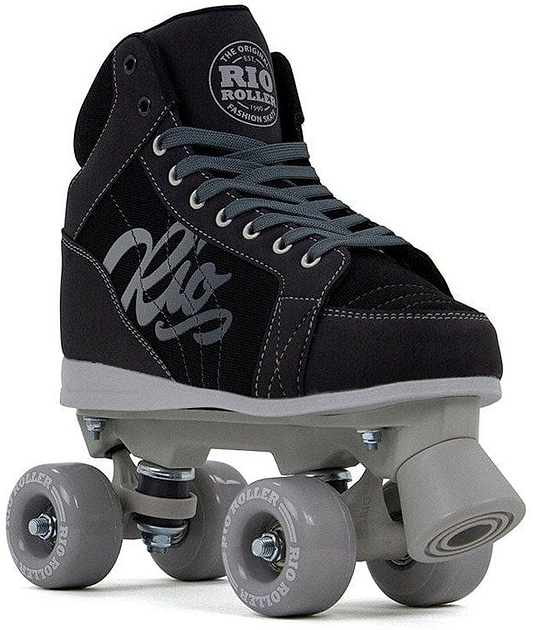 The Rio Roller Lumina Quad Roller Skates - Black / Grey, made by Rio Roller, boast a sleek black PVC leather boot complemented by grey wheels and sturdy nylon trucks.