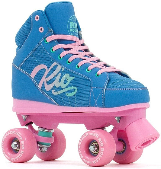 The Rio Roller Lumina Quad Roller Skates in Blue/Pink showcase a lively design featuring a blue high-top shoe made from durable PVC leather, paired with pink laces and wheels. "Rio" branding adds a stylish touch on the side, and robust nylon trucks provide a smooth ride for recreational skaters.