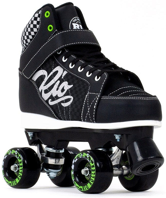 The Rio Roller Mayhem II Quad Roller Skates - Black showcase a black-and-white color scheme with green accents on the wheels. Designed in a high-top, roller derby style, these skates feature a distinctive checked pattern around the ankle and have a secure strap across the top. Built for durability, they include a Hi-Impact Chassis and display "Rio" stylishly printed on the side for added flair.
