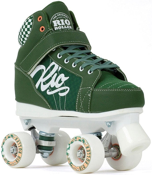 The Rio Roller Mayhem II Quad Roller Skates - Green by Rio Roller boast a vibrant green color with white laces, featuring a chequered heel design and branding on the side. These roller derby-style skates come with white wheels and a toe stop, set against a clean white background.