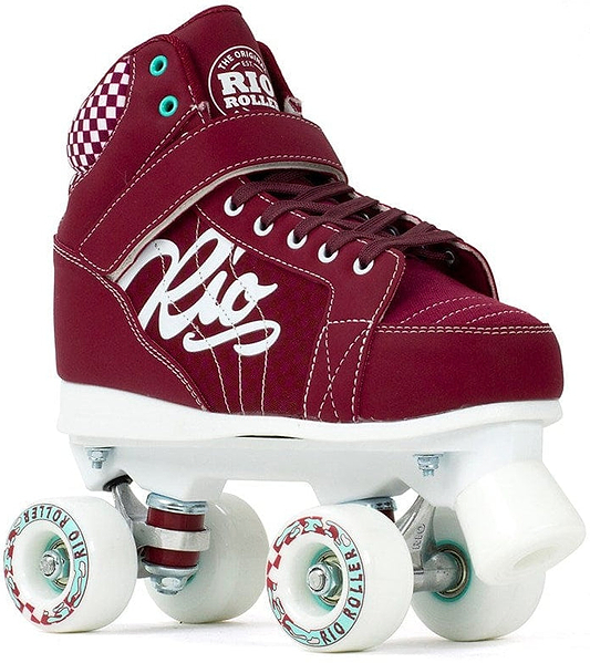 The Rio Roller Mayhem II Quad Roller Skates in red from Rio Roller feature white wheels and laces, stylish checkered accents on the ankle, and a prominent "Rio" logo. The high-top sneaker design is enhanced with teal eyelets and a hi-impact chassis, making it ideal for derby-style skating.