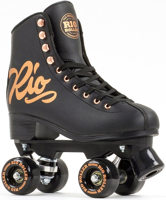 The Rio Roller Rose Quad Roller Skates in Rose Black feature a classic high-top design highlighted by a striking black color with orange "Rio" branding and gold eyelets. These eco-friendly skates also come with black wheels adorned with orange accents, labeled as "Rio Roller," and are finished off with black laces, seamlessly blending sustainability with style.