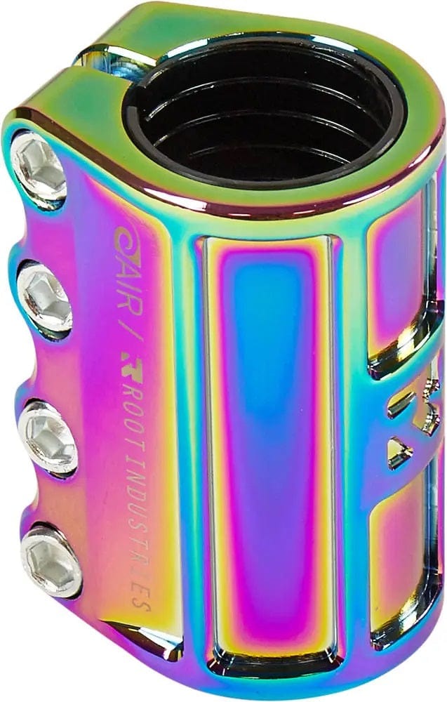 A vibrant, lightweight metal cylinder with screws, much like the Root Industries AIR 4 Bolt SCS Stunt Scooter Clamp in Rocket Fuel Neochrome, ideal for scooter clamps.