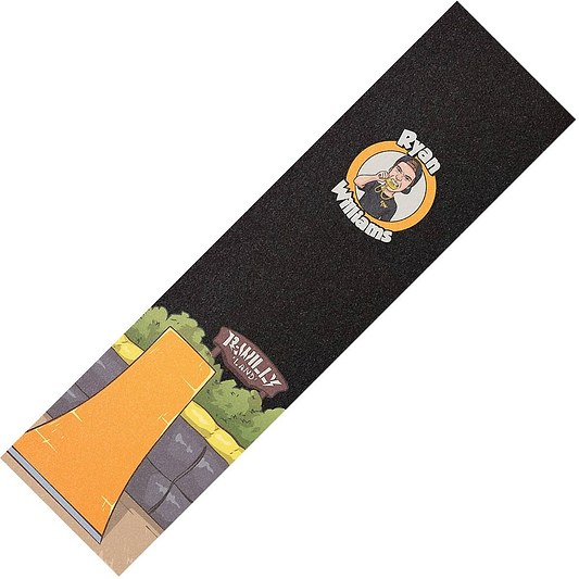 The Figz Collection XL Pro Stunt Scooter Griptape - Ryan Williams V2 showcases an illustration of a skate ramp with greenery and the "Bamly Familia" logo, alongside a circular graphic of Ryan Williams. This black griptape from Figz promises durability with its Strongbond adhesive.