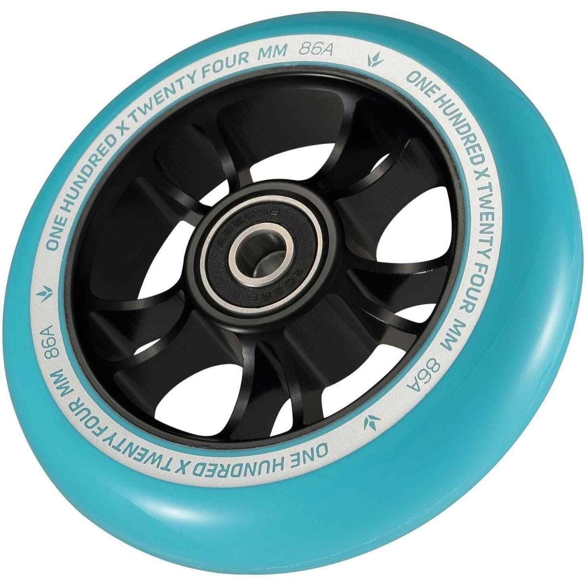 The Blunt Envy 100mm Stunt Scooter Wheel in black and teal highlights the brand's sleek design, featuring a blue wheel with a black core and silver detailing. The rim is labeled with "One Hundred Twenty Four MM 86A" in white text, making it perfect for those looking to upgrade their scooter wheels to a larger size such as the 100mm wheel.