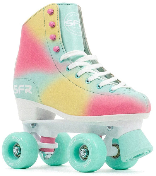 The SFR Brighton Figure Quad Roller Skates - Tropical features a multicolored roller skate with a pastel gradient design in shades of pink, yellow, and blue. It includes white laces, pink eyelets, and durable PU cast turquoise wheels. The brand "SFR" is prominently displayed on the side and front of the skate.