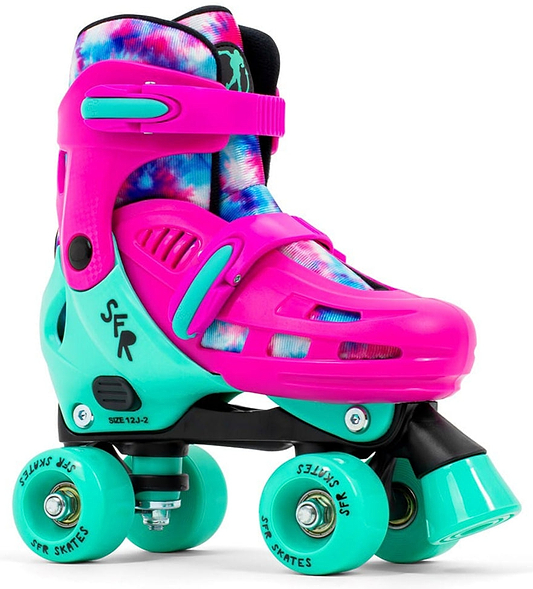 The SFR Hurricane IV Adjustable Quad Roller Skates from the SFR brand showcase a vibrant tie-dye design in pink and turquoise. Featuring four wheels and a size-adjuster system, these skates are equipped with quick-release buckles and adjustable straps. They are depicted standing upright on a white background.