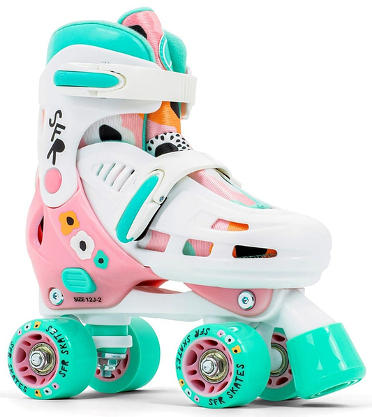A close-up of the SFR Storm V Adjustable Quad Roller Skates - Flower, highlighting the vibrant details and intricate design perfect for roller skating enthusiasts.