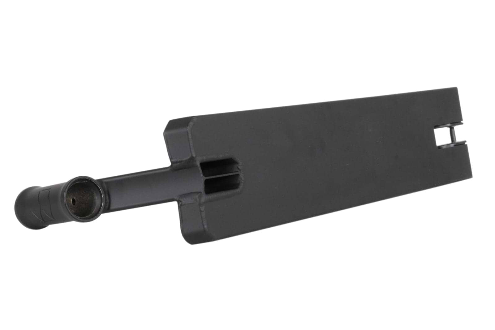A Native Stem Black Stunt Scooter Deck, measuring 4.75" x 19.5" and featuring a handle and a slit on one end, lies gracefully on a white background, reminiscent of a sleek scooter deck.