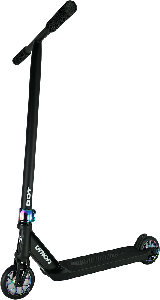 The Union Dot Complete Stunt Scooter - Black / Neochrome features vibrant neochrome metal accents, a straight handlebar, and "Union" branding—ideal for tricks and smooth city rides as a lightweight street scooter.