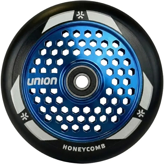 The Union Honeycomb Pro 110mm Stunt Scooter Wheel - Chrome Blue features a blue and black honeycomb-patterned metal core with "UNION" printed on it and the "HONEYCOMB" label at the bottom.