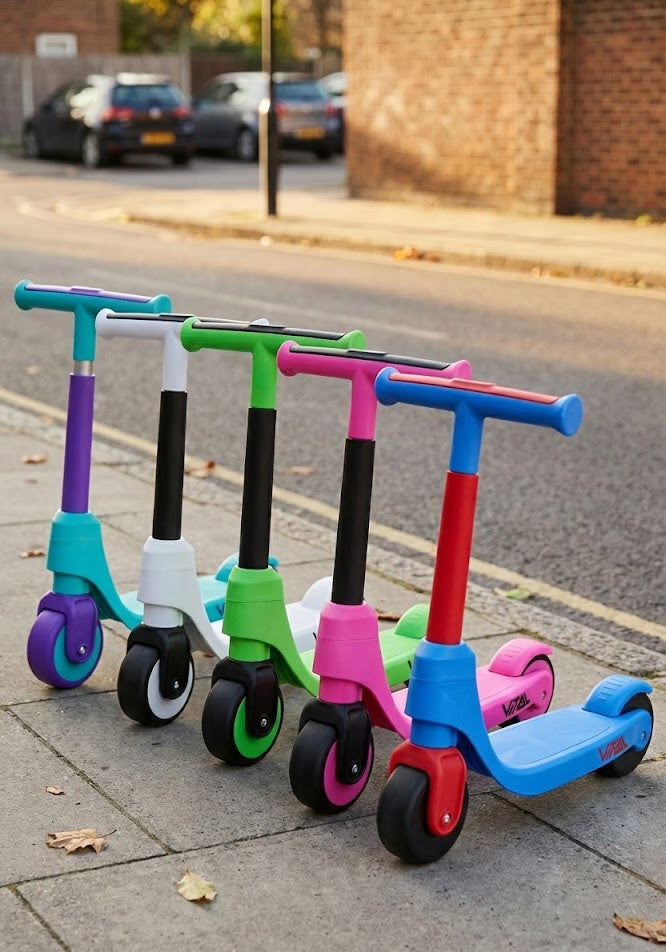 A Vital First Kids Scooter in white and black is parked on a sidewalk near a street lined with brick walls, cars, and trees.