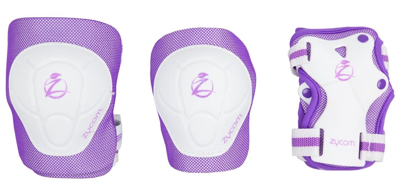 The Zycom Child Combo Skate Protection Pad Set in lilac and white includes knee pads and a wrist guard featuring a logo. It comes with adjustable Velcro straps for secure fastening, ensuring both comfort and safety.