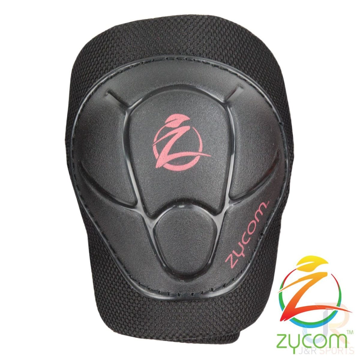 The black protective knee pad from the Zycom Child Combo Skate Protection Pad Set - Black / Red is adorned with a stylized red "Z" logo and features adjustable Velcro straps to ensure a snug fit. It is enhanced with EVA foam padding for added comfort, showcasing the brand name "Zycom" along with a vibrant red, yellow, and green logo.