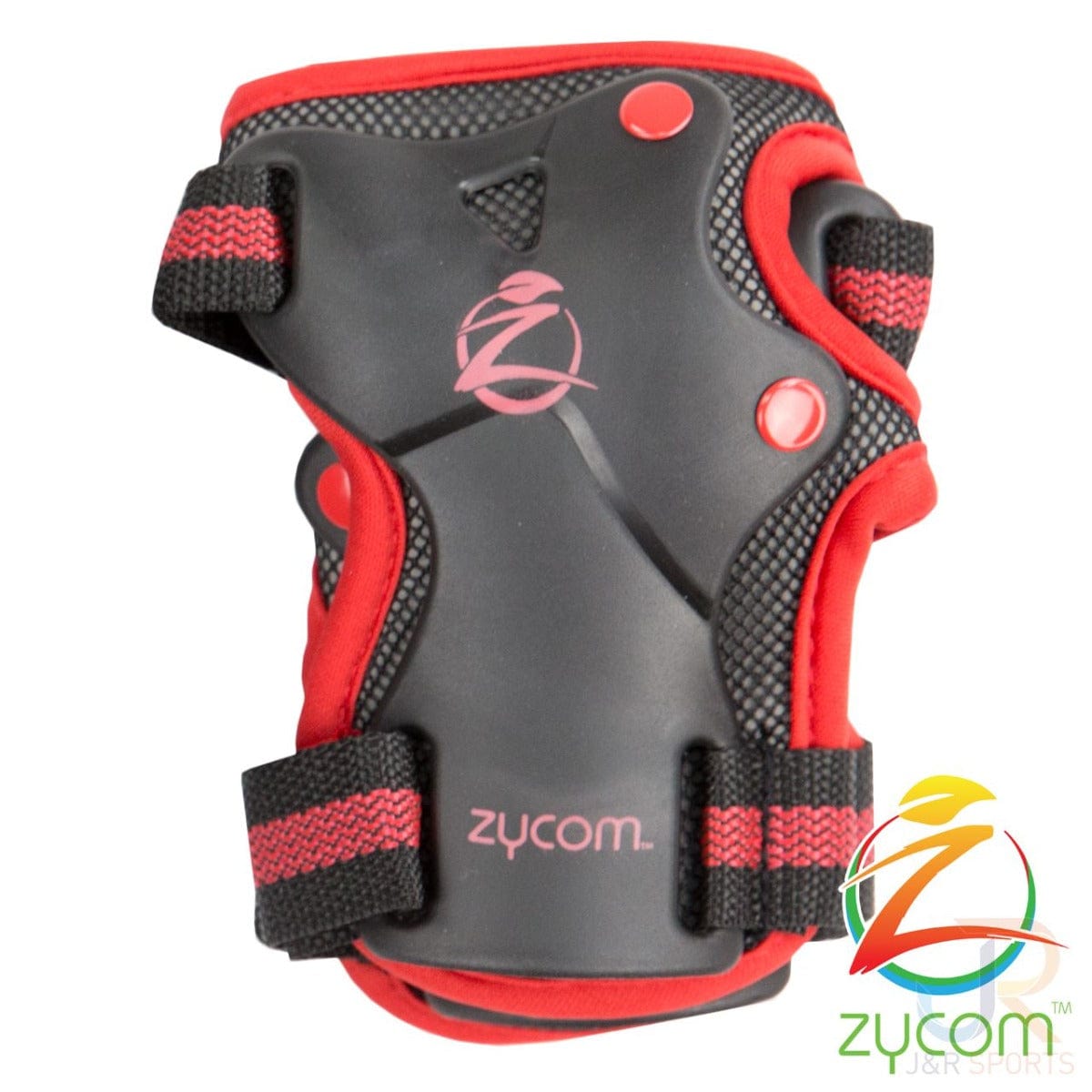The Zycom Child Combo Skate Protection Pad Set in Black/Red includes a red and black wrist guard that features adjustable Velcro straps for a secure fit. It is equipped with EVA foam padding for enhanced comfort, and the reinforced palm area showcases a stylish "zycom" logo alongside a colorful emblem in the bottom right corner.